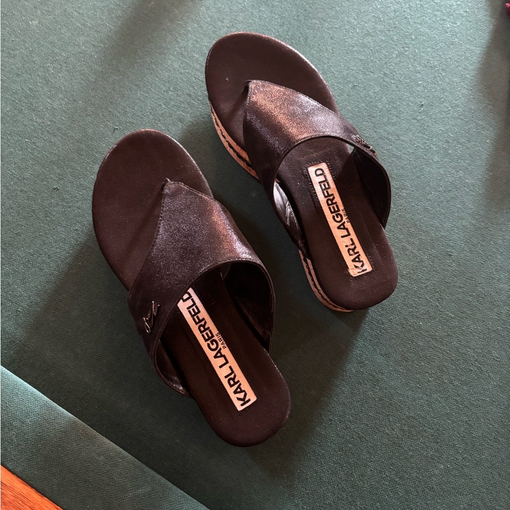 Karl Lagerfeld Paris Black Leather Platform Sandals